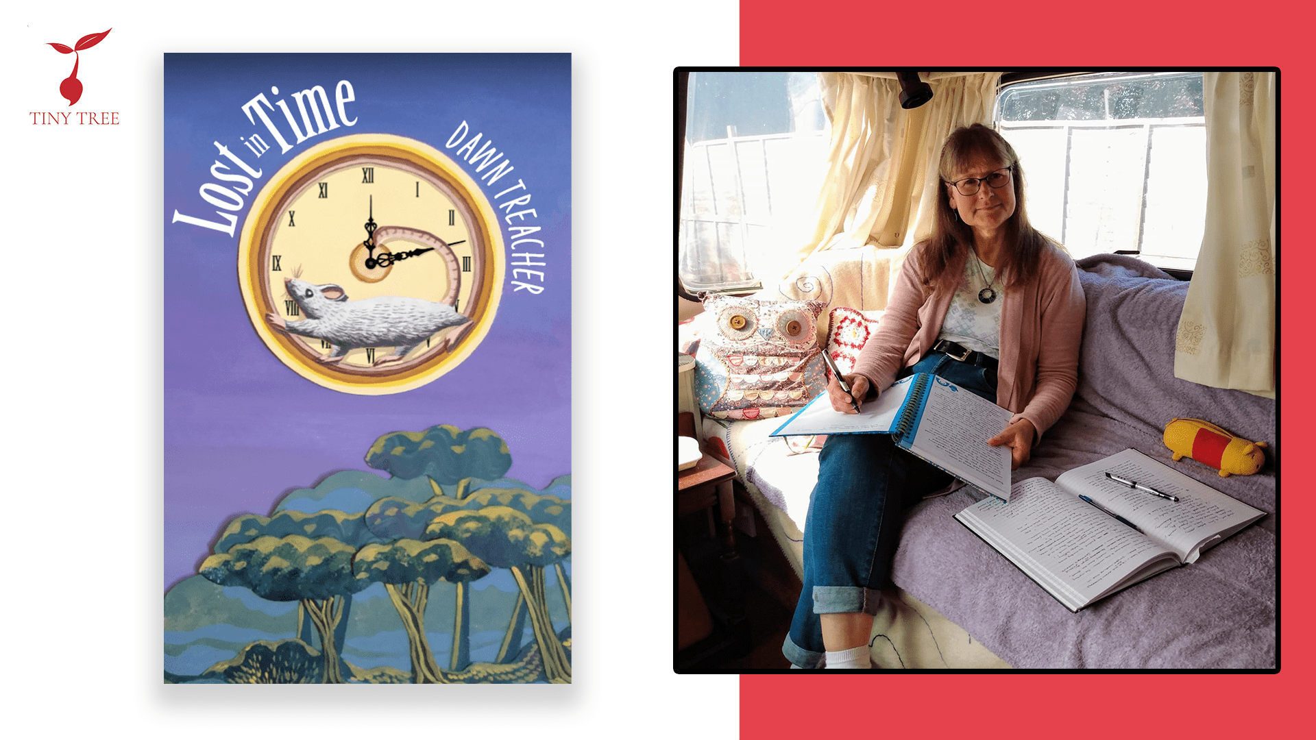 The cover of Lost in Time and a photo of auhor / illustrator Dawn Treacher