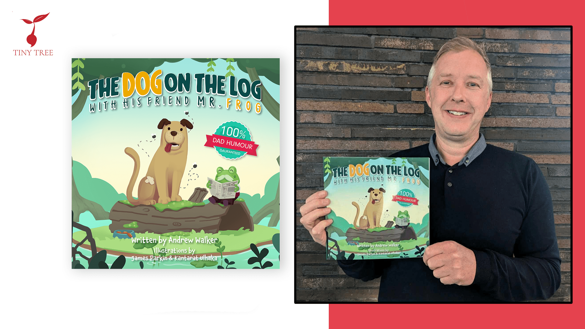 Cover of The Dog on The Log with His Friend Mr Frog with a photo of Andrew Walker holding a copy of the book.